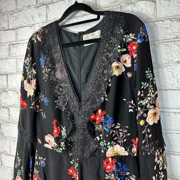 Nicholas Romper Cecile Floral Silk Crochet Lace Bell Sleeve Black White Red 6 - Picture 12 of 14